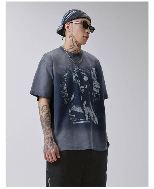 F2CE Vintage Portrait Print Gradient Wash Short Sleeve Tee | Face 3 Face