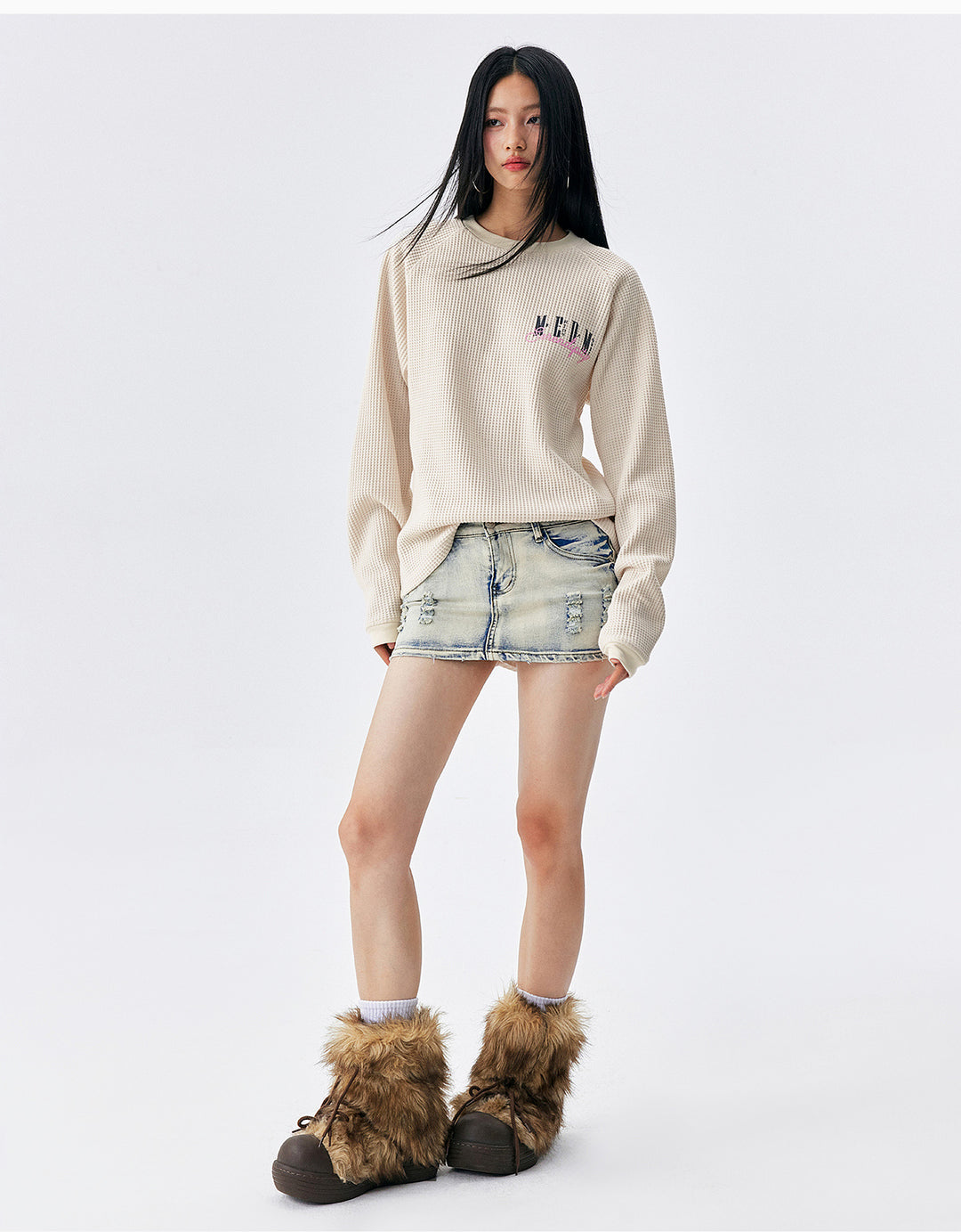 MEDM Logo Embroidered Print Waffle Long Sleeve Tee | Face 3 Face