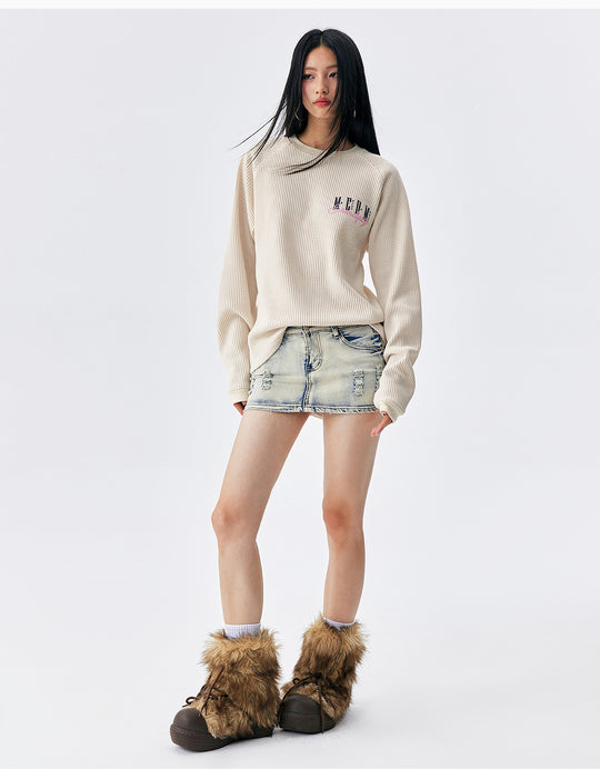 MEDM Logo Embroidered Print Waffle Long Sleeve Tee | Face 3 Face