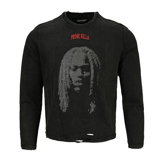 TGFCLUB Rhinestone Portrait Heavy Washed Distressed Long Sleeve Tee | Face 3 Face