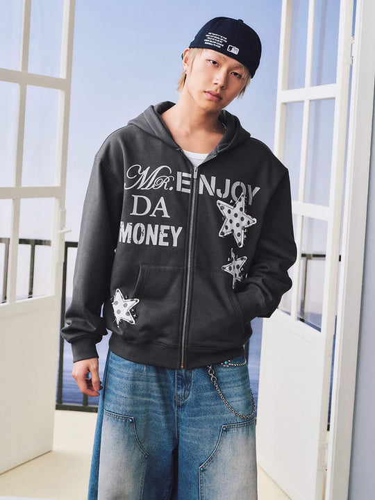 MEDM Dot Pattern Star Patch Studded Zip Up Hoodie | Face 3 Face