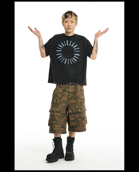 NOVACAM Circle Letter Vintage Washed Black Stitch Tee | Face 3 Face