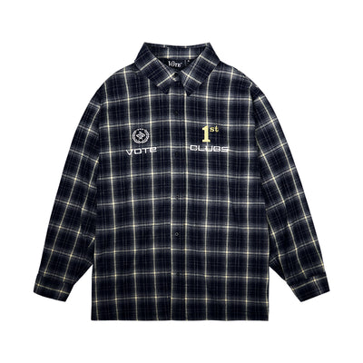VOTE Navy Plaid Embroidery Long Sleeved Shirt