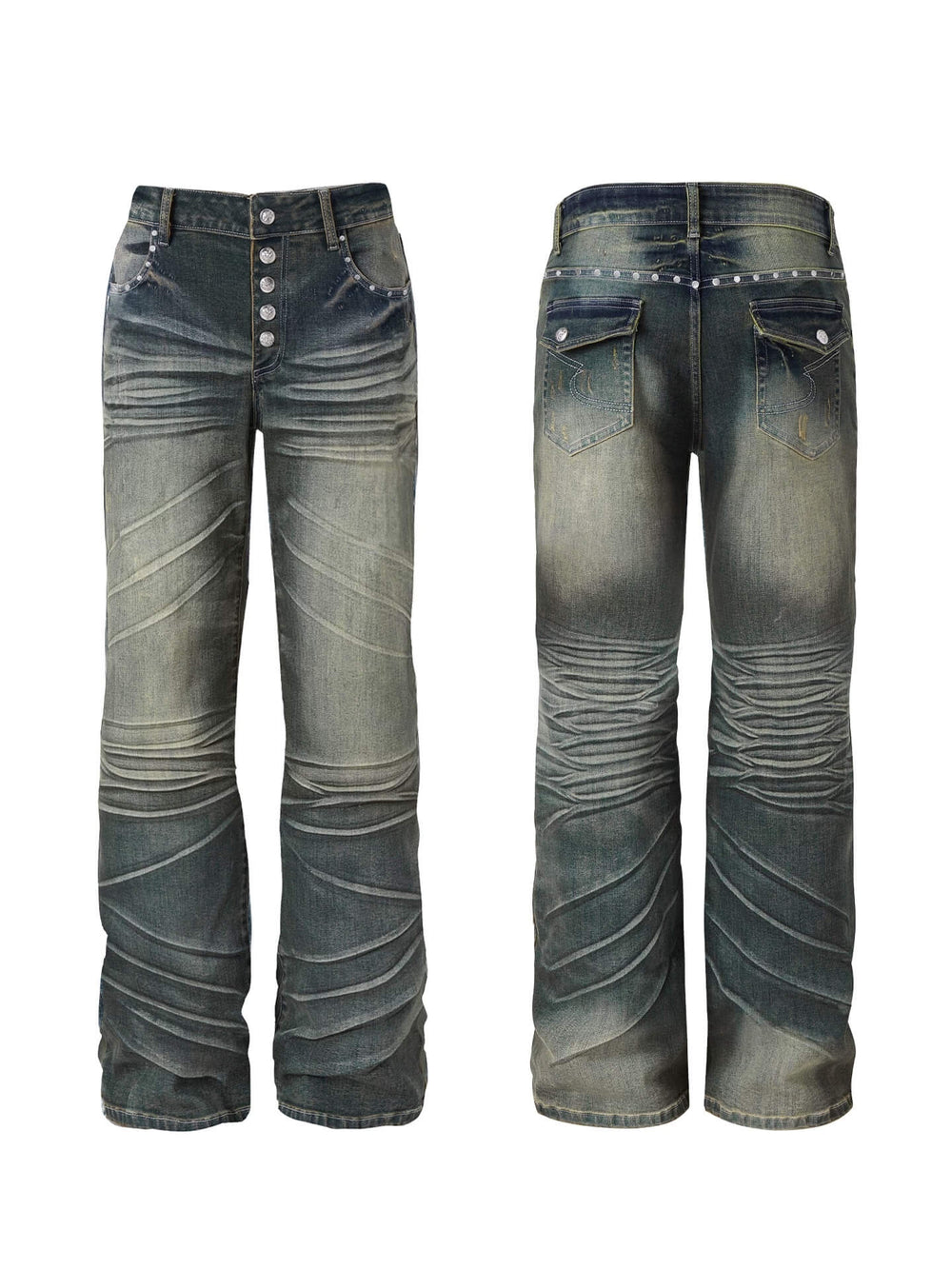 Night Lab Studded Button Fly Whisker Washed Jeans | Face 3 Face