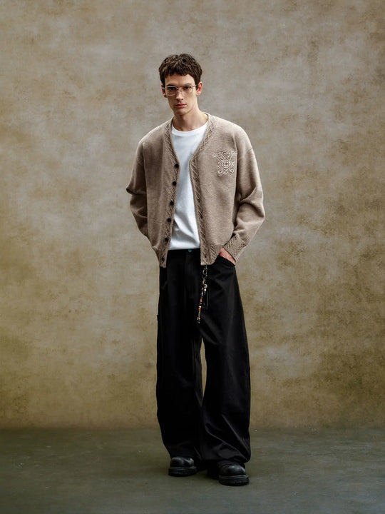 YADcrew Cable Rib V Neck Embroidered Knit Cardigan | Face 3 Face