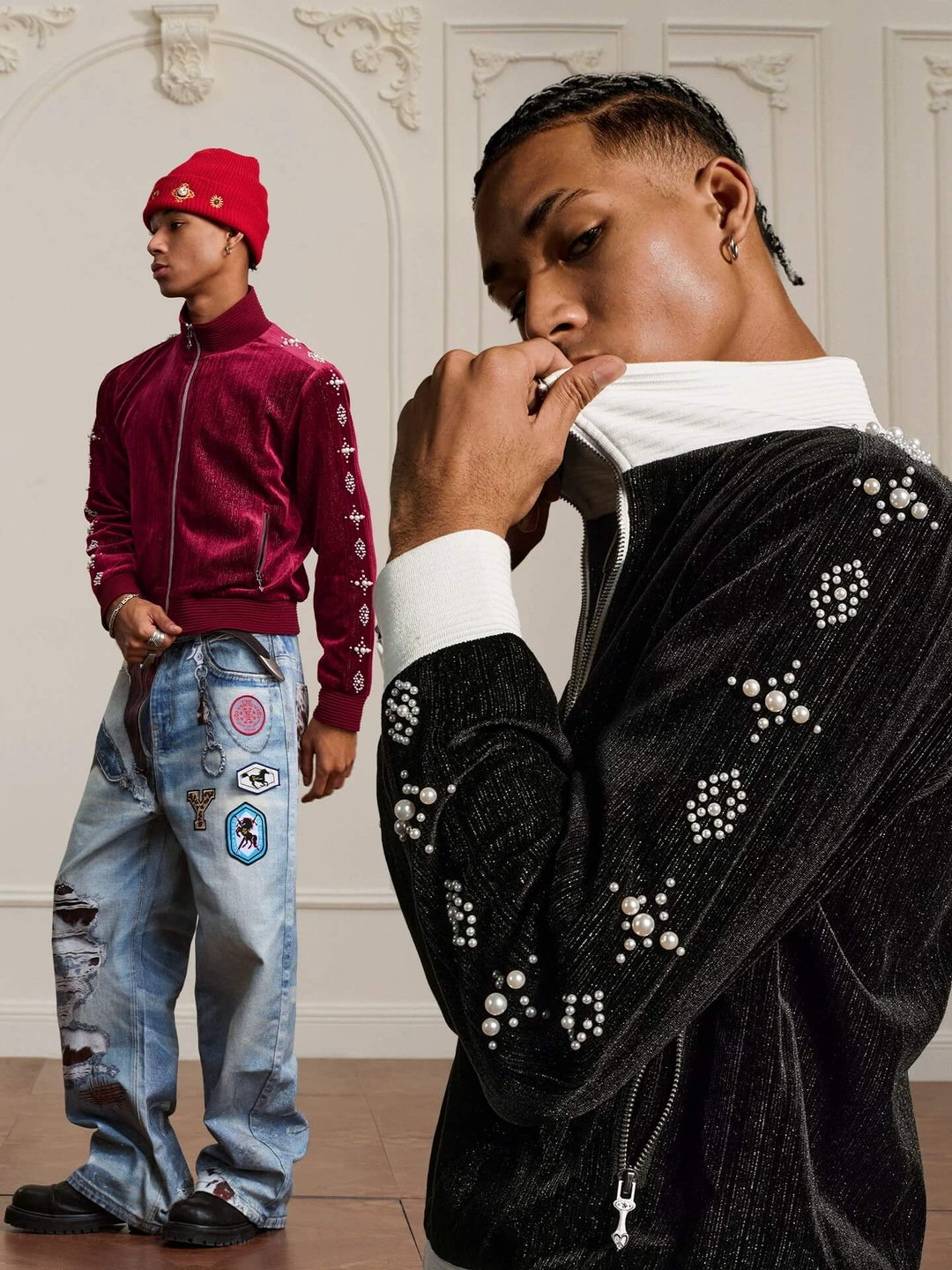 YADcrew Silver Thread Velvet Pearl Track Jacket | Face 3 Face