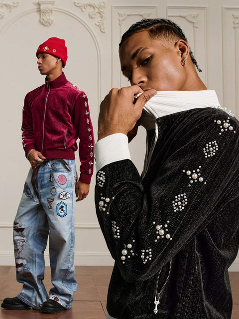 YADcrew Silver Thread Velvet Pearl Track Jacket | Face 3 Face