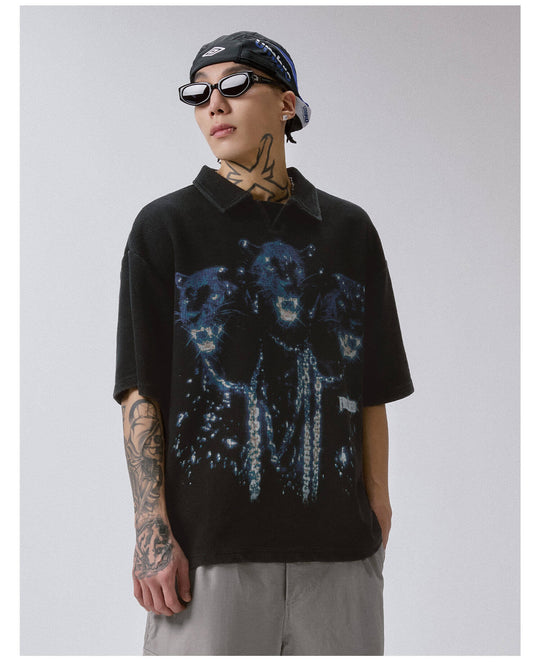 F2CE Washed Distressed Waffle Vintage Print Short Sleeve Polo Shirt | Face 3 Face