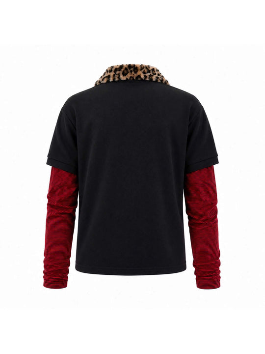 KARMANISTIC Leopard Faux Fur Collar Long Sleeve Polo | Face 3 Face