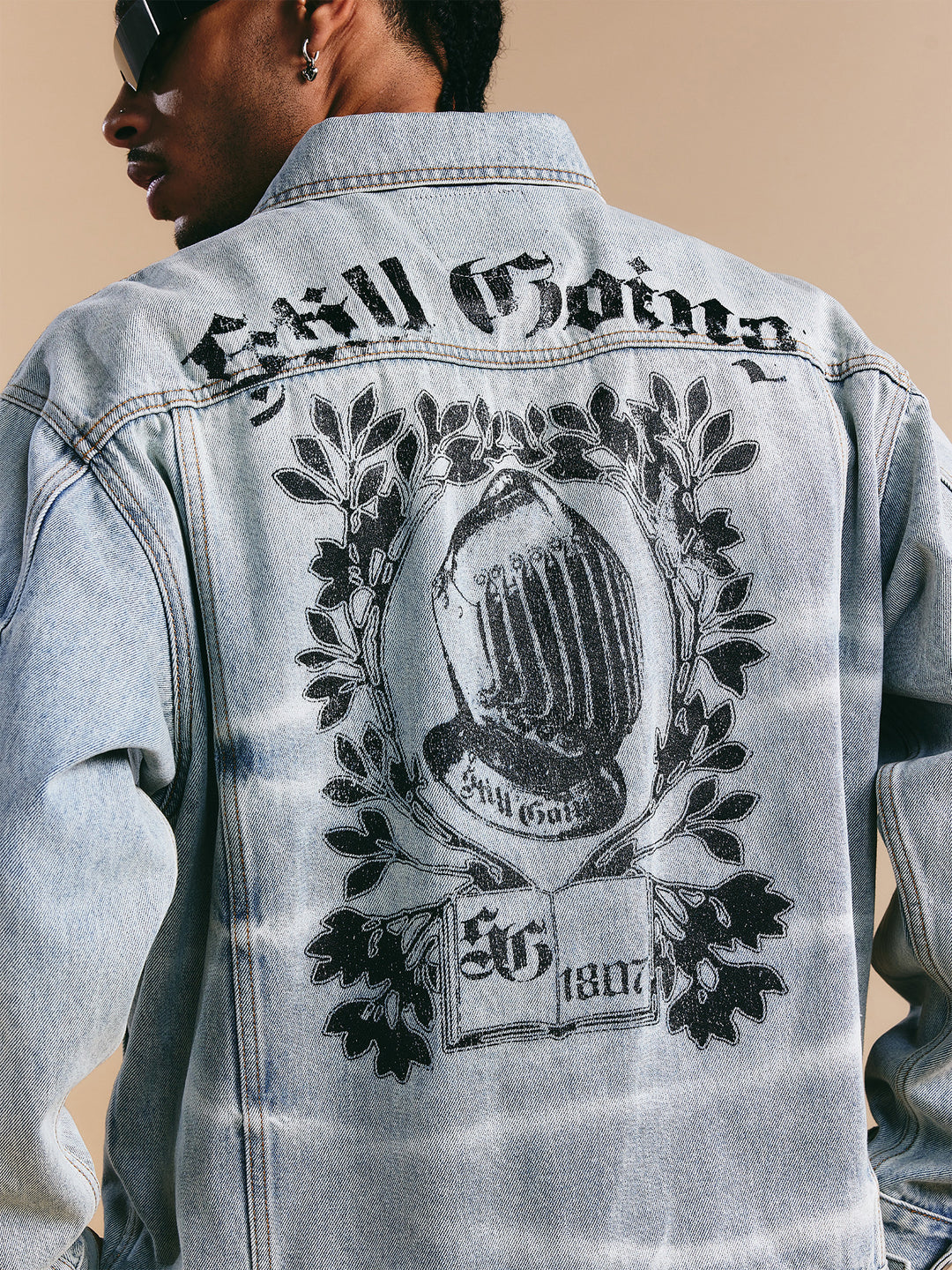 1807 Still Going Vintage Print Wash Denim Jacket | Face 3 Face