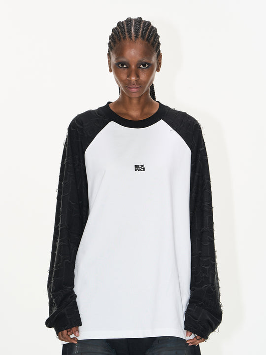 BLIND NO PLAN Contrast Color Embroidered Raglan Long Sleeve Tee | Face 3 Face
