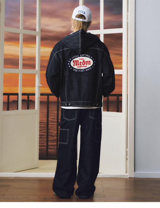 MEDM Embroidered Patch Hooded Zip Up Denim Jacket | Face 3 Face