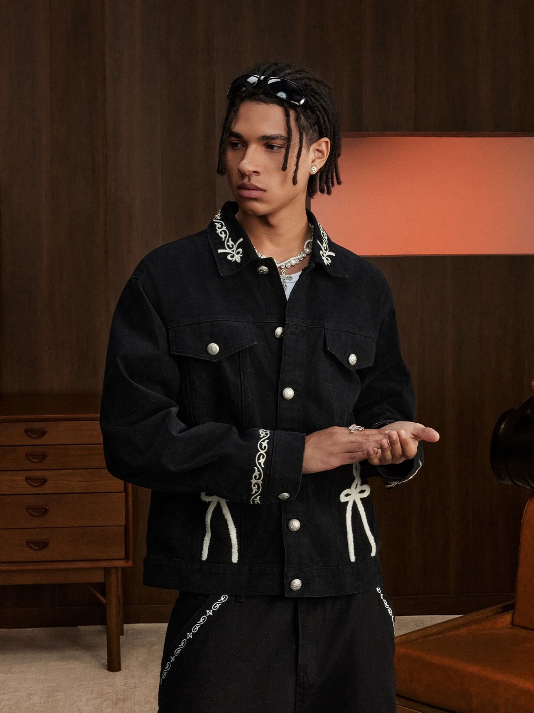 Small Town Kid Ethnic Embroidered Black Denim Jacket | Face 3 Face