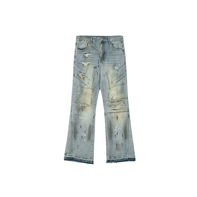 Achock Patchwork Stitching Worn Holes Washed Flared Jeans | Face 3 Face