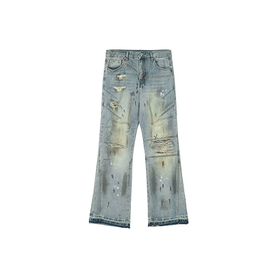 Achock Patchwork Stitching Worn Holes Washed Flared Jeans | Face 3 Face