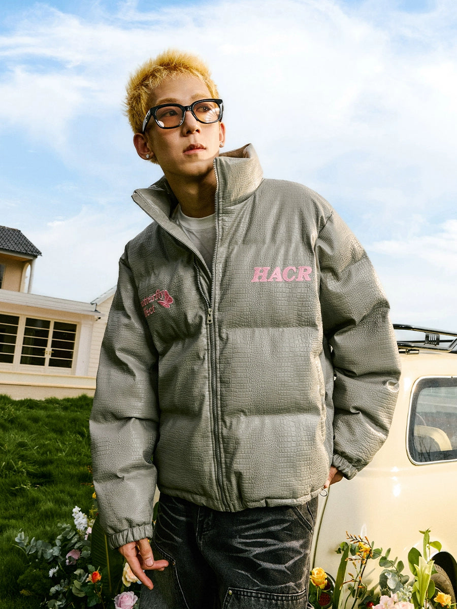 Harsh and Cruel Embossed Fur Patch Crocodile PU Leather Down Jacket | Face 3 Face