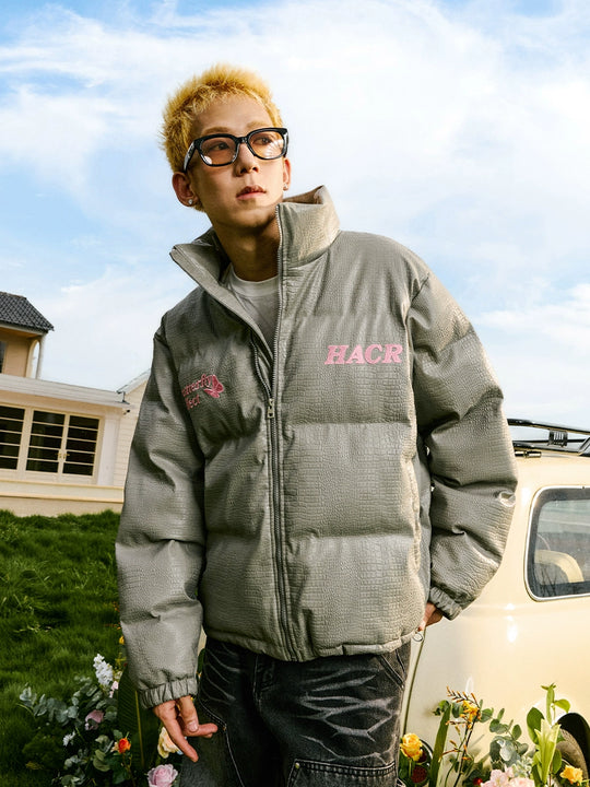 Harsh and Cruel Embossed Fur Patch Crocodile PU Leather Down Jacket | Face 3 Face