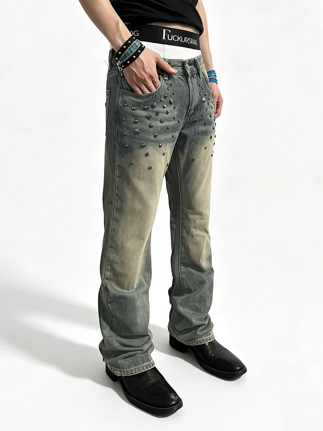 Night Lab Vintage Washed Mixed Studded Jeans