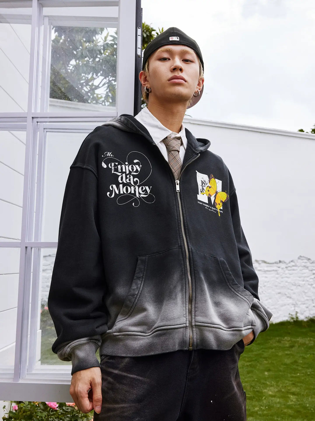 MEDM Washed Angel Butterfly Print Zip Up Hoodie | Face 3 Face