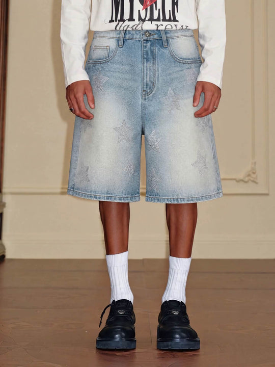 YADcrew All Over Star Rhinestone Washed Denim Shorts | Face 3 Face