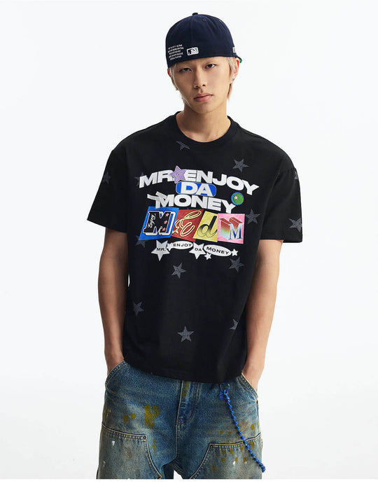 MEDM All Over Star and Graphic Logo Print Short Sleeve Tee | Face 3 Face