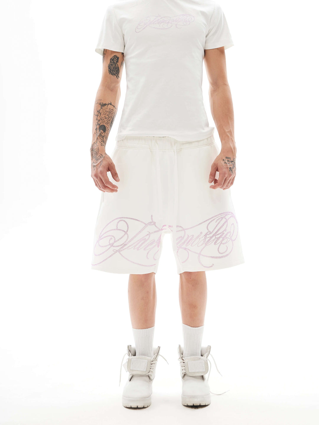 KARMANISTIC Rhinestone Letter Sweat Shorts | Face 3 Face