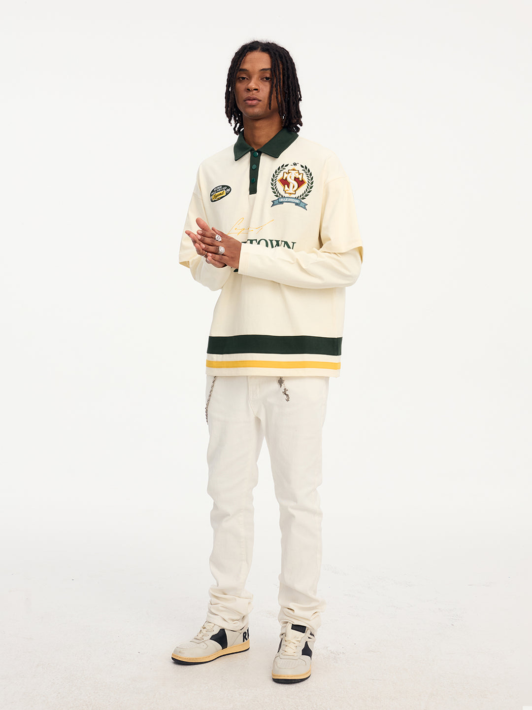 Small Town Kid 3D Embroidered Badge Fake Two-Piece Long-Sleeve Polo | Face 3 Face