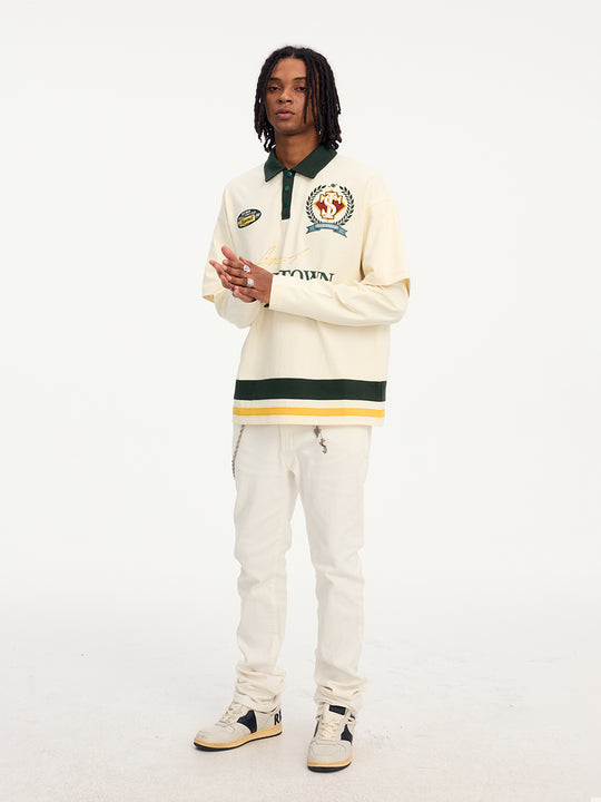 Small Town Kid 3D Embroidered Badge Fake Two-Piece Long-Sleeve Polo | Face 3 Face