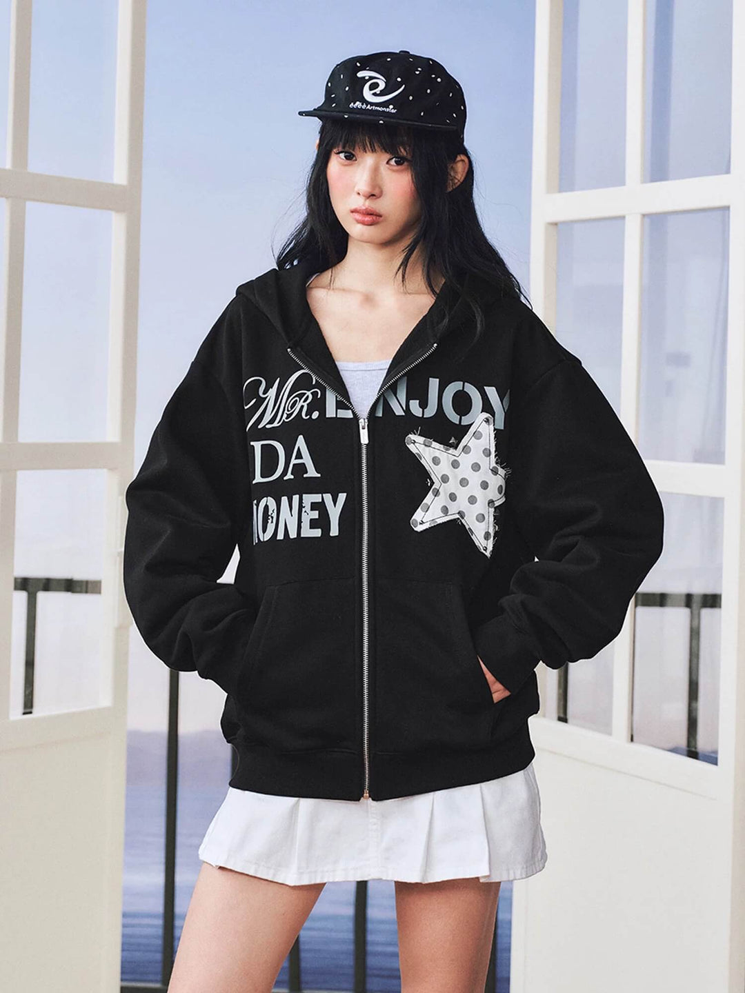MEDM Dot Pattern Star Patch Studded Zip Up Hoodie | Face 3 Face