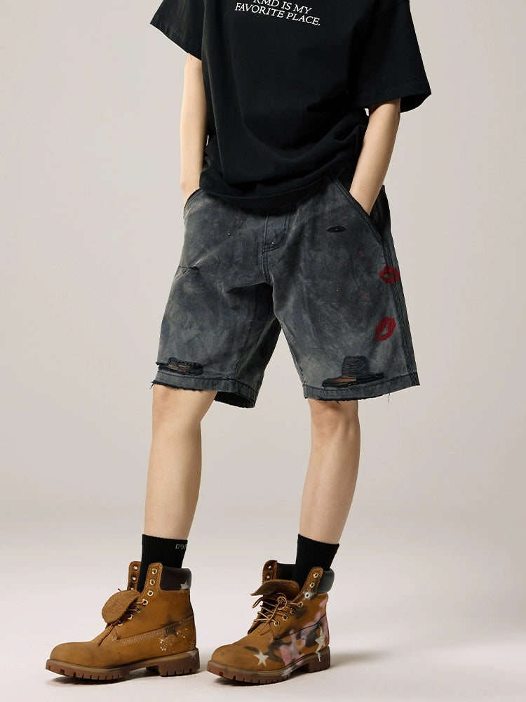 Remedy Kiss Mark Distressed Hole Work Painter Shorts | Face 3 Face