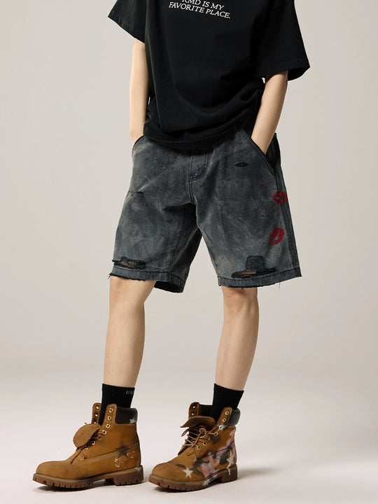 Remedy Kiss Mark Distressed Hole Work Painter Shorts | Face 3 Face