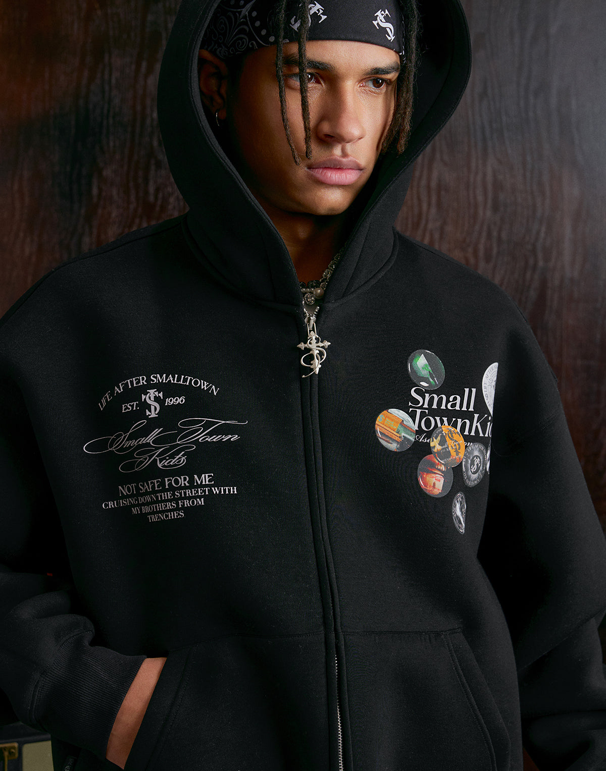 Small Town Kid Badge Logo Print Zip Up Hoodie | Face 3 Face