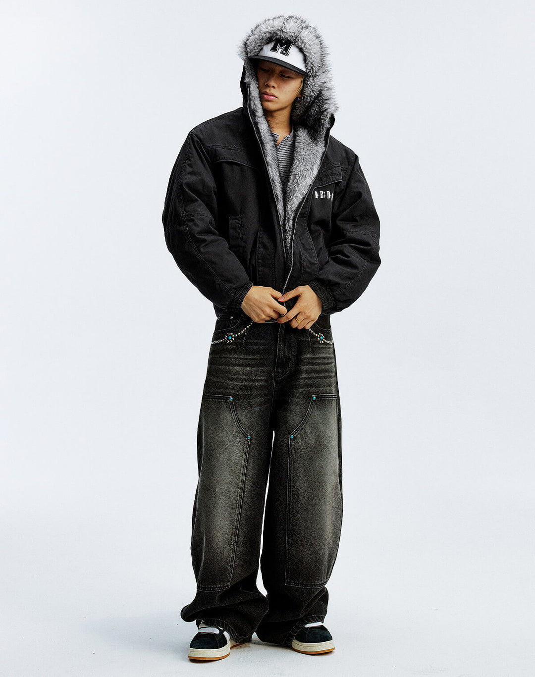 MEDM Fur Lined Washed Work Hooded Jacket | Face 3 Face