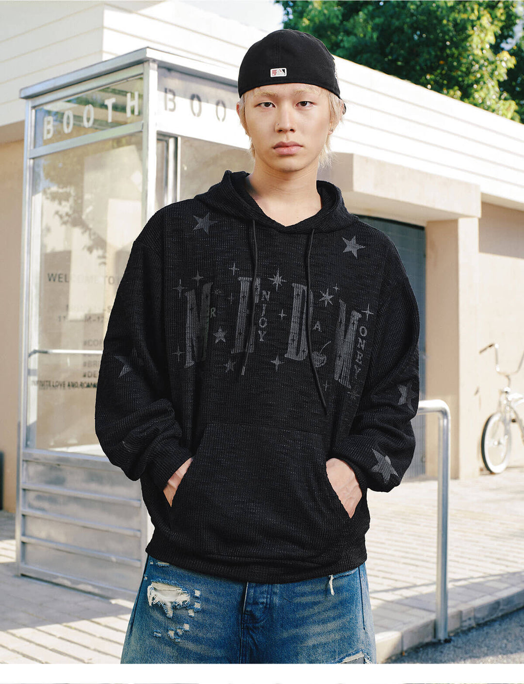 MEDM Star Logo Print Waffle Knit Hoodie | Face 3 Face