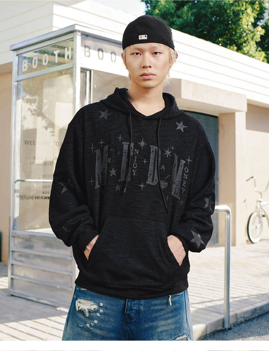 MEDM Star Logo Print Waffle Knit Hoodie | Face 3 Face
