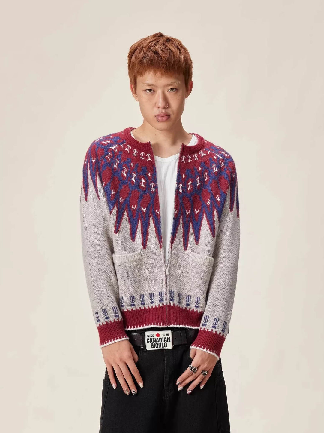 EVILKNIGHT(EK) Ethnic Pattern Knit Zip Up Cardigan