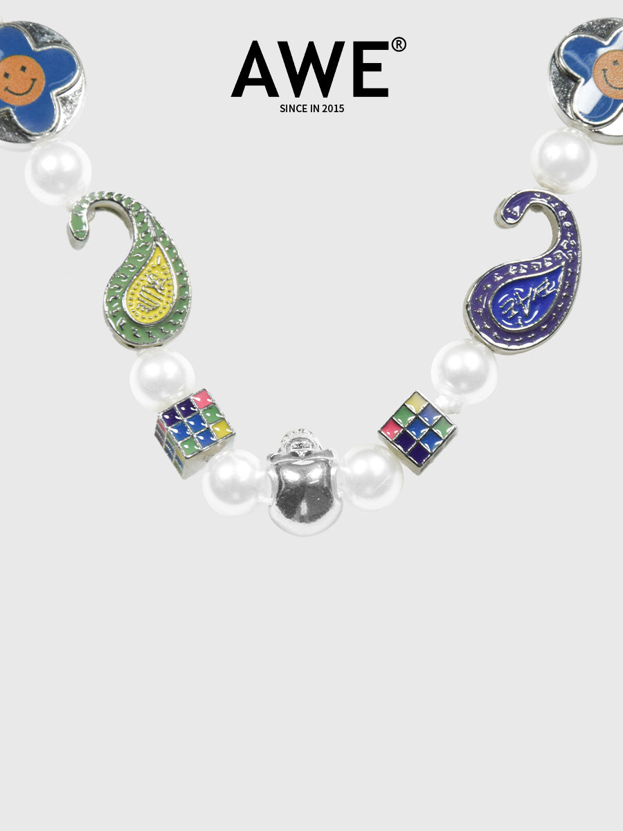 AWE Cross Petal Skull Smiley Face Pearl Necklace | Face 3 Face