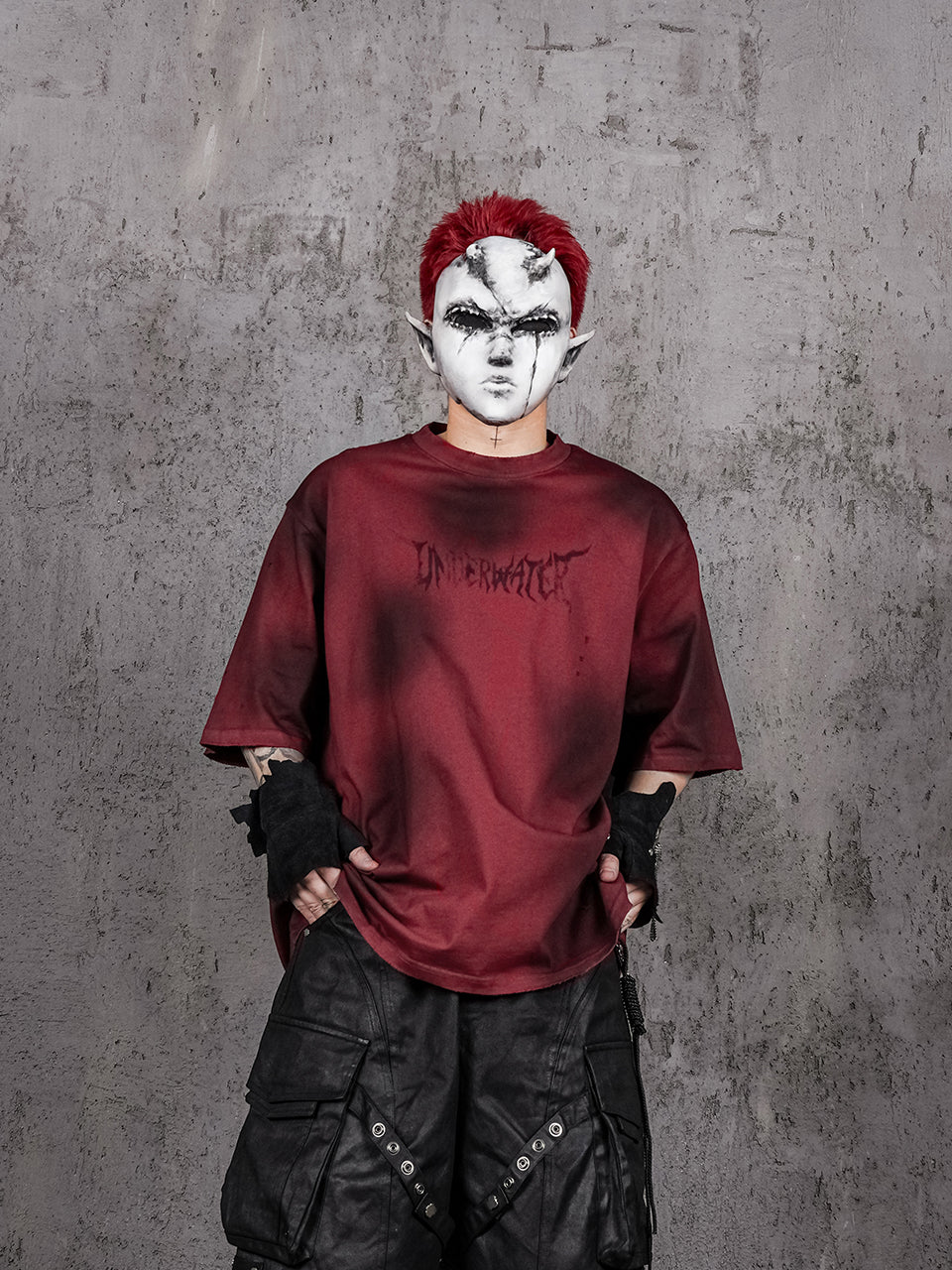 UNDERWATER Dirty-Dyed Distressed Red Logo Print Tee | Face 3 Face