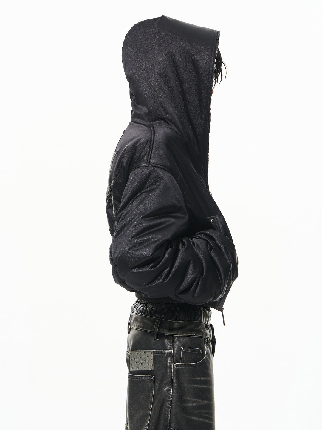 BLIND NO PLAN Leather Patch Studded Hooded Short Bomber Jacket | Face 3 Face