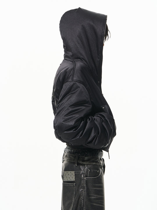 BLIND NO PLAN Leather Patch Studded Hooded Short Bomber Jacket | Face 3 Face