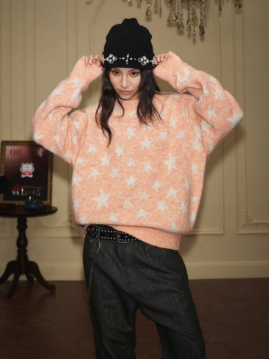 YADcrew All Over Star Fuzzy Knit Sweater | Face 3 Face