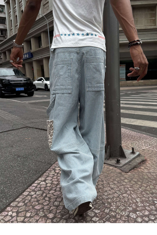 STEEPC Leopard Print Double Knee Hickory Stripe Baggy Pants | Face 3 Face