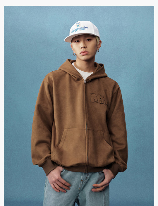 MEDM Suede Logo Patch Zip-Up Hoodie | Face 3 Face