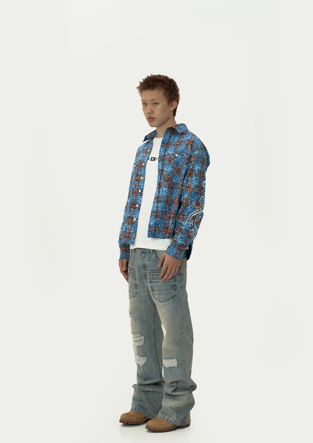 EVILKNIGHT(EK) Floral Embroidered Plaid Long Sleeve Shirt | Face 3 Face