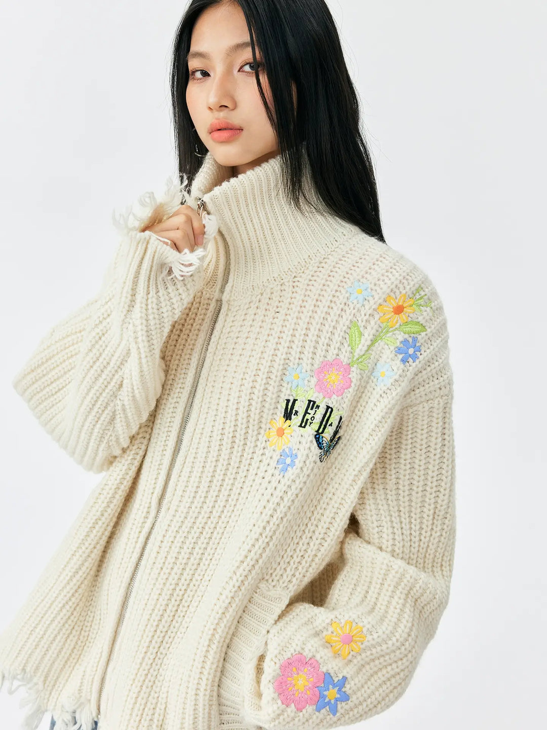 MEDM Frayed Hem Floral Embroidered Knit Cardigan | Face 3 Face