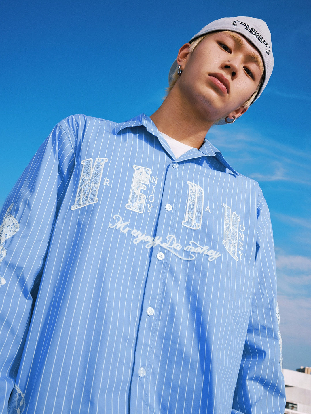 MEDM Lace Embroidered Striped Long Sleeve Shirt | Face 3 Face