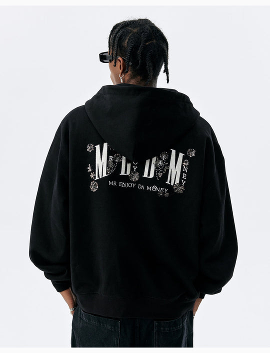 MEDM Beaded Flower Embellished Zip Up Hoodie | Face 3 Face