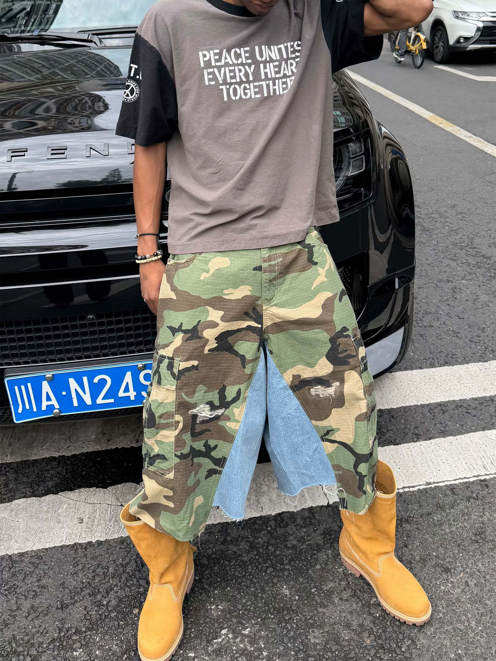 STEEPC M65 Camouflage Denim Rework Patchwork Baggy Cargo Shorts | Face 3 Face