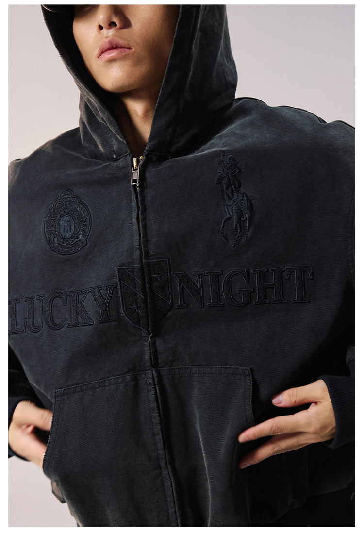 Remedy Embroidered Washed Hooded Bomber Jacket | Face 3 Face