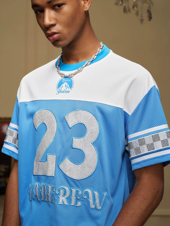 YADcrew Rhinestone Digital Checkered Numbering Mesh Tee | Face 3 Face